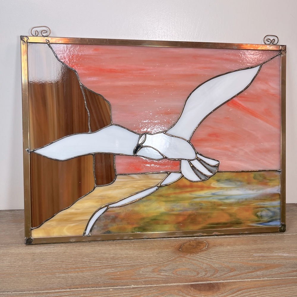 Vintage Copper Foil Stained Glass Window/ Sun-catcher Sunset & Seagull 16.5”X12”